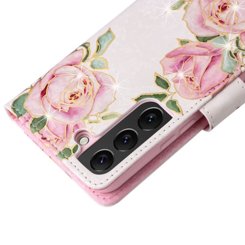 Capa Flip Para Samsung Galaxy S23 Plus 5G Flores Rfid Com Cordão