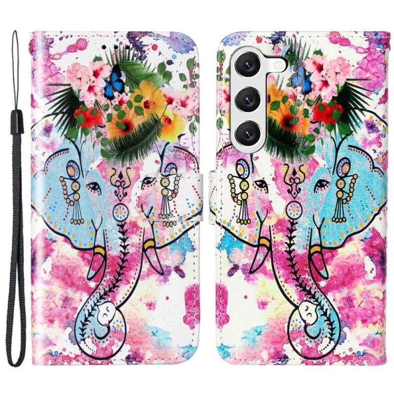 Capa Folio Para Samsung Galaxy S23 Plus 5G De Cordão Elefante Tribal Com Alça