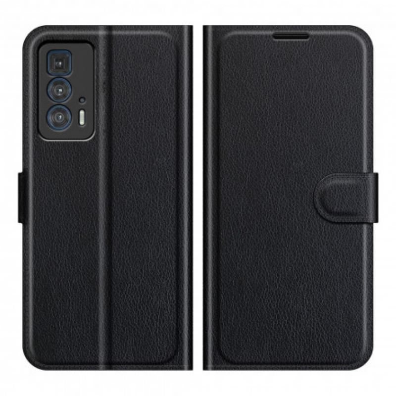 Capa Folio Para Motorola Edge 20 Pro Couro Sintético De Lichia Clássico