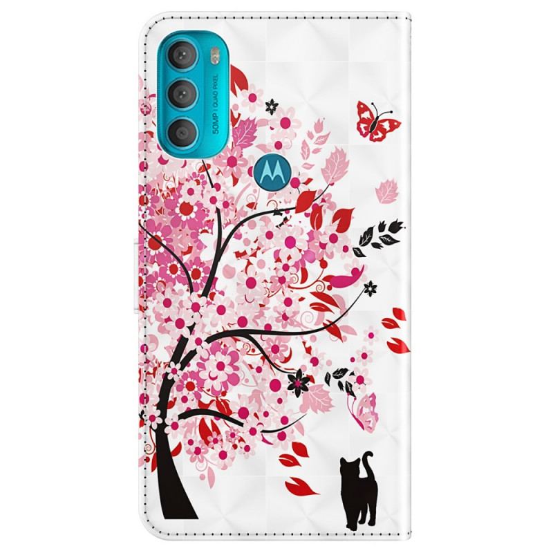 Capa De Couro Para Moto G71 5G Árvore Rosa E Gato Preto