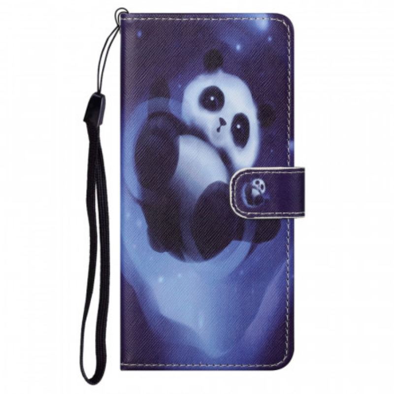 Capa De Couro Para Moto G71 5G De Cordão Espaço Panda Com Lanyard