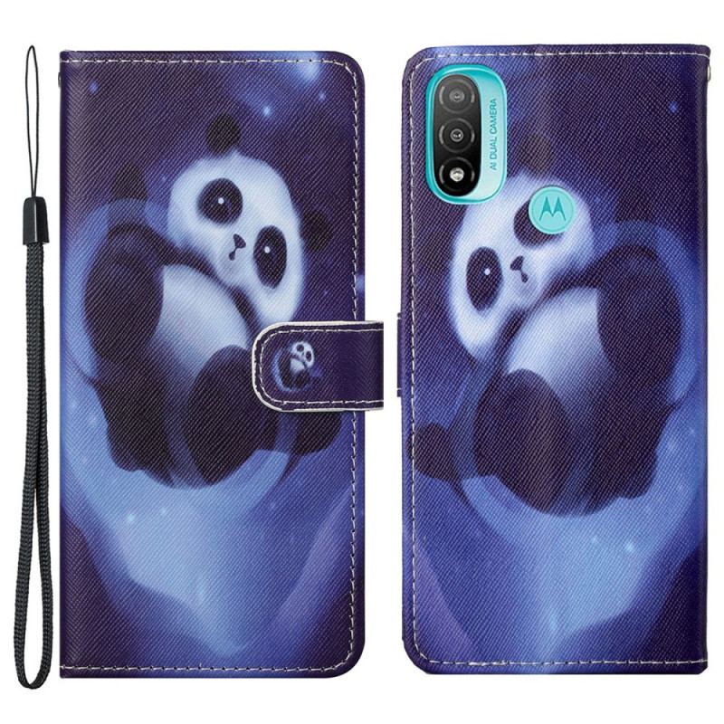 Capa De Couro Para Moto G71 5G De Cordão Espaço Panda Com Lanyard