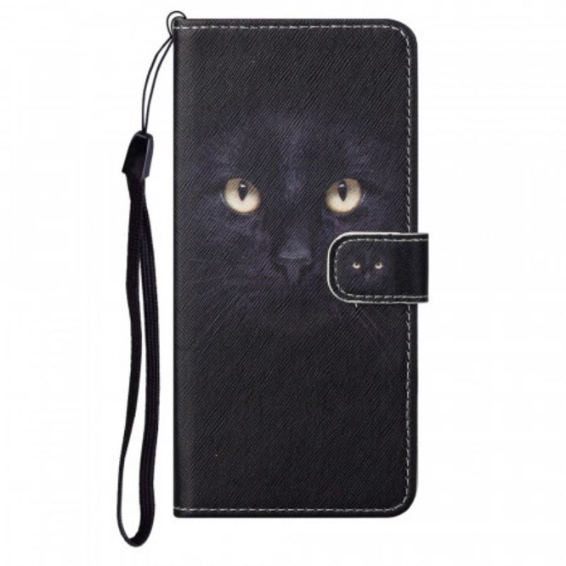 Capa De Couro Para Moto G71 5G De Cordão Olhos De Gato Preto Com Tiras