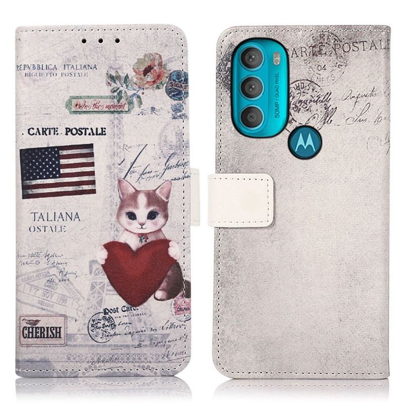 Capa De Couro Para Moto G71 5G Gato Viajante