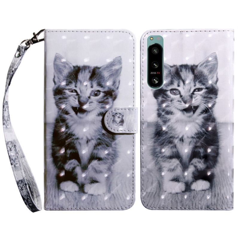 Capa De Couro Para Sony Xperia 5 IV Gatinho Com Cordão