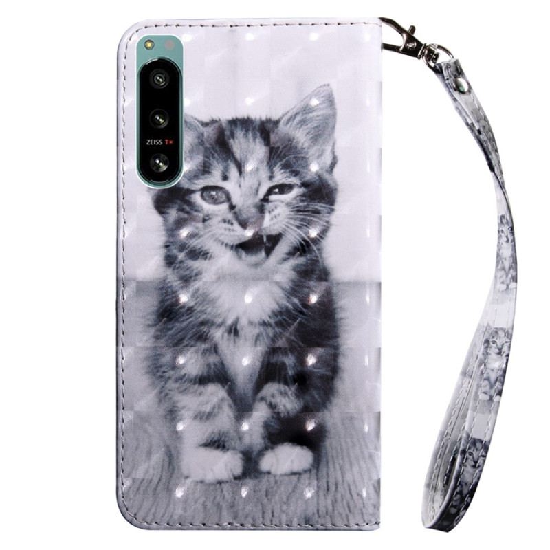 Capa De Couro Para Sony Xperia 5 IV Gatinho Com Cordão