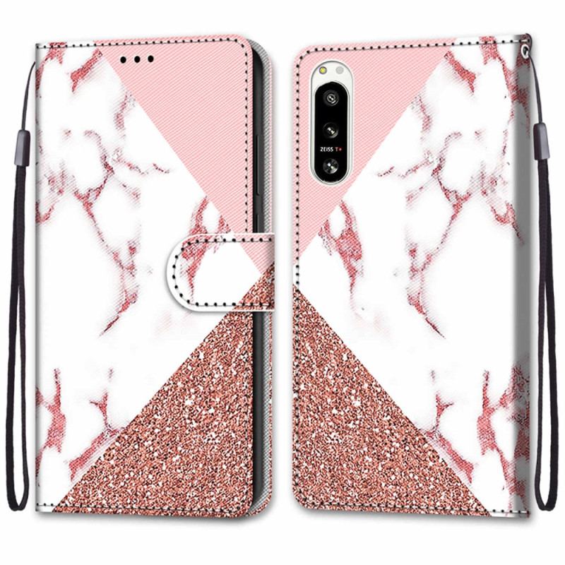 Capa De Couro Para Sony Xperia 5 IV Triângulo De Mármore E Glitter