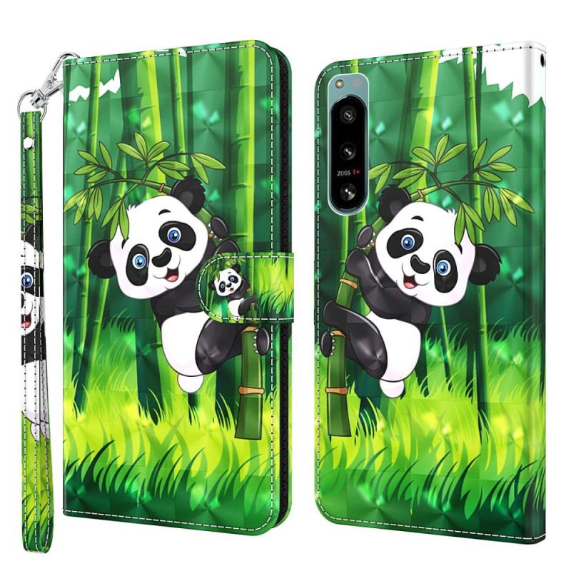 Capa Em Pele Para Sony Xperia 5 IV De Cordão Bambu Panda Com Cordão