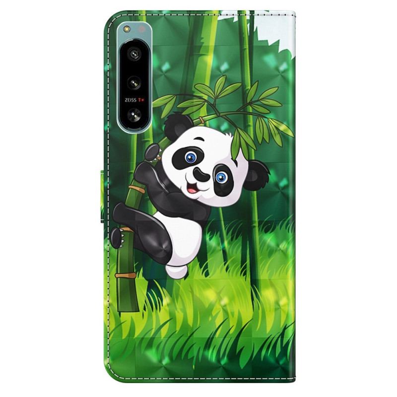 Capa Em Pele Para Sony Xperia 5 IV De Cordão Bambu Panda Com Cordão