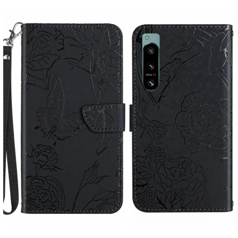 Capa Flip Para Sony Xperia 5 IV Borboletas Com Cordão