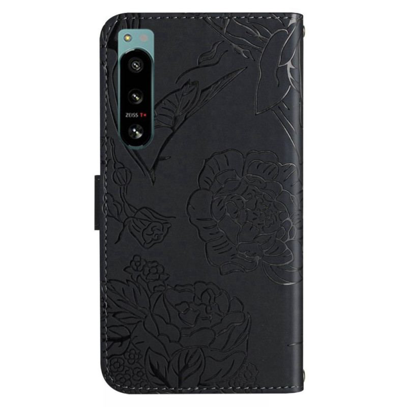 Capa Flip Para Sony Xperia 5 IV Borboletas Com Cordão