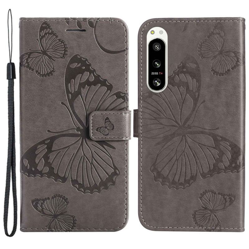 Capa Flip Para Sony Xperia 5 IV De Cordão Borboletas Gigantes