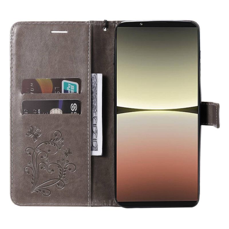 Capa Flip Para Sony Xperia 5 IV De Cordão Borboletas Gigantes