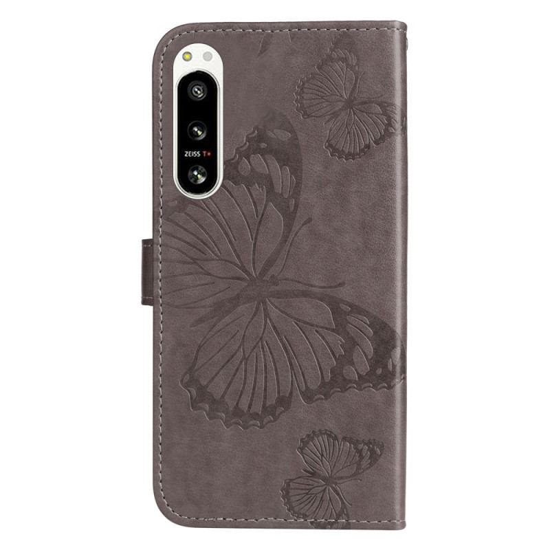 Capa Flip Para Sony Xperia 5 IV De Cordão Borboletas Gigantes