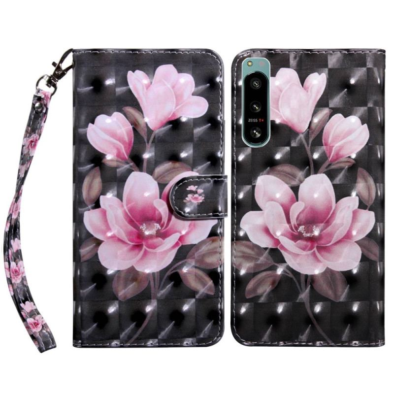 Capa Flip Para Sony Xperia 5 IV De Cordão Flores De Alça