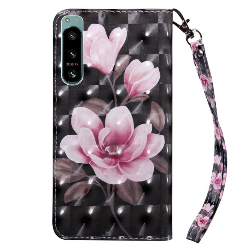 Capa Flip Para Sony Xperia 5 IV De Cordão Flores De Alça