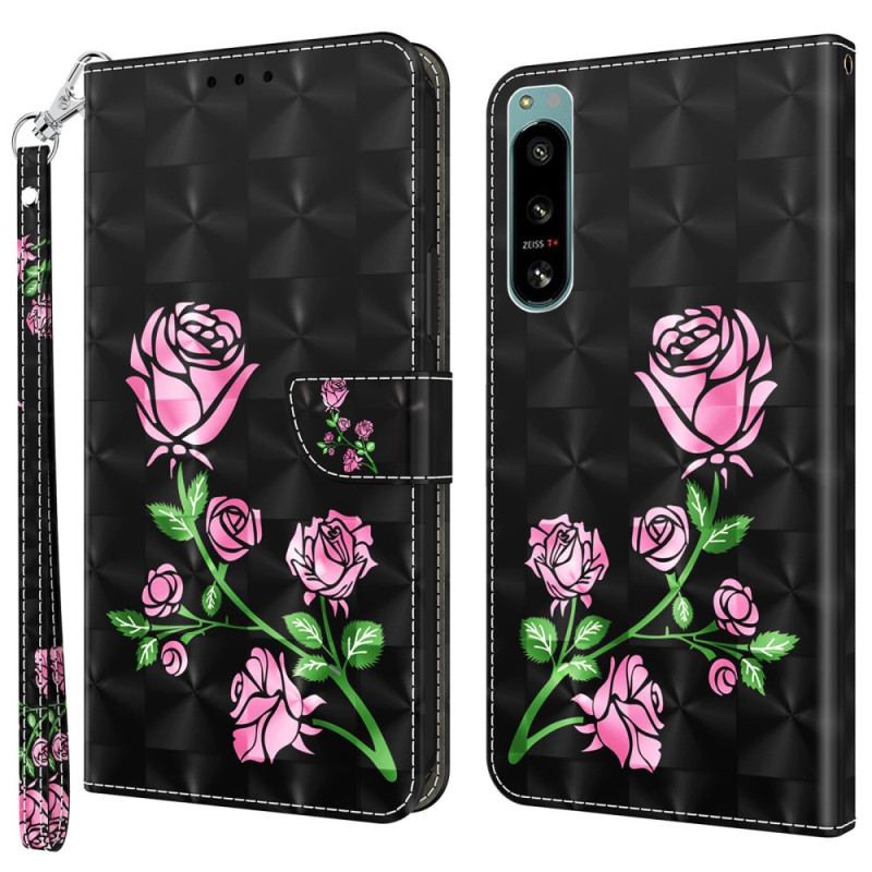 Capa Flip Para Sony Xperia 5 IV De Cordão Rosas De Alça