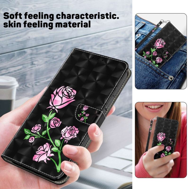 Capa Flip Para Sony Xperia 5 IV De Cordão Rosas De Alça