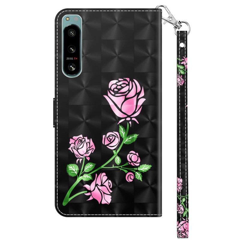 Capa Flip Para Sony Xperia 5 IV De Cordão Rosas De Alça