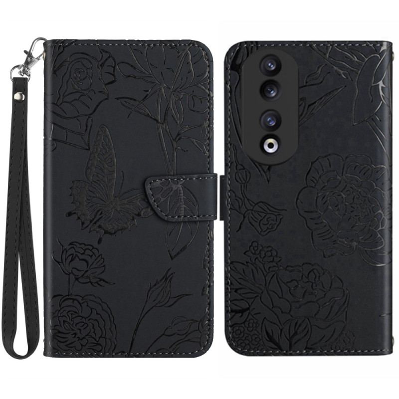 Capa Flip Para Honor 90 Borboletas E Cordão