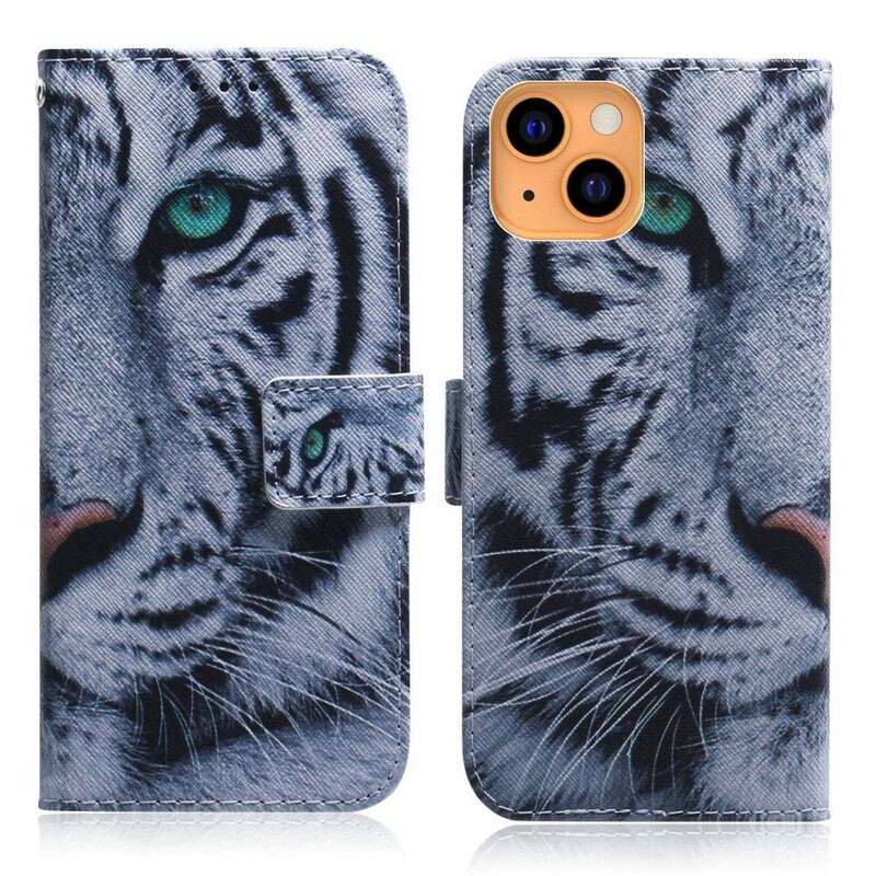 Capa De Couro Para iPhone 13 Mini Cara De Tigre