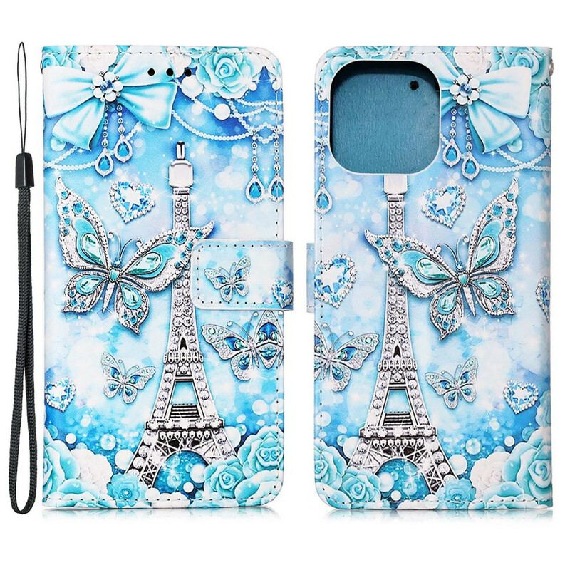 Capa De Couro Para iPhone 13 Mini De Cordão Correia Borboleta Torre Eiffel