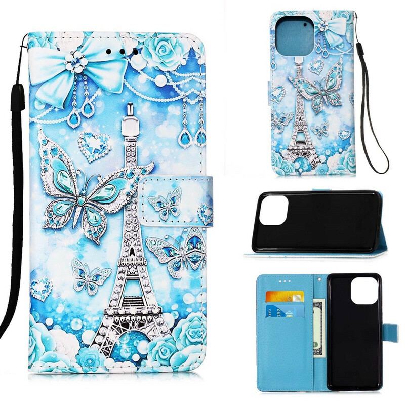 Capa De Couro Para iPhone 13 Mini De Cordão Correia Borboleta Torre Eiffel