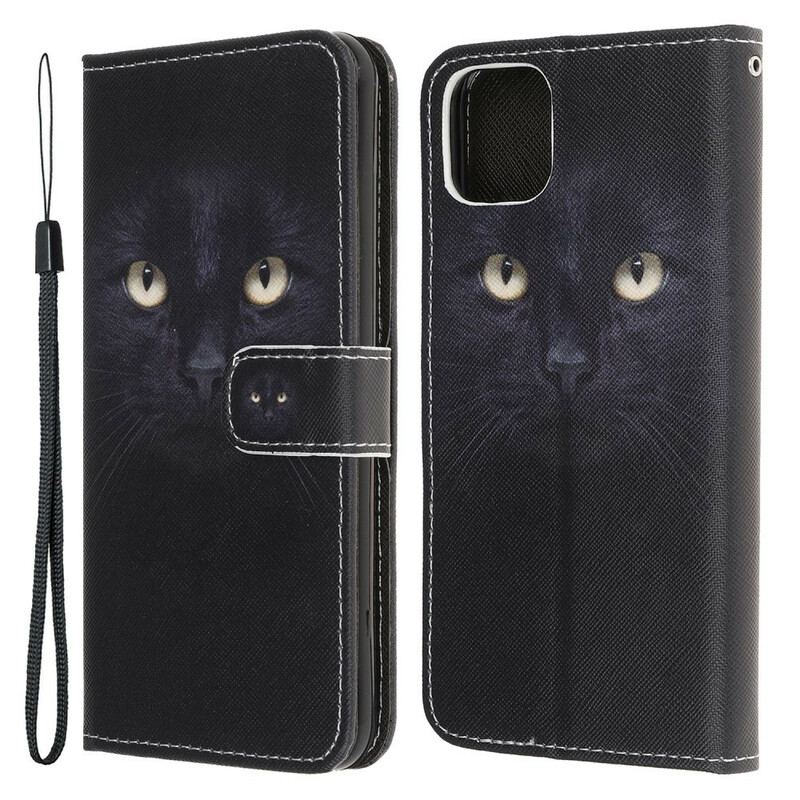 Capa De Couro Para iPhone 13 Mini De Cordão Olhos De Gato Preto Com Tiras