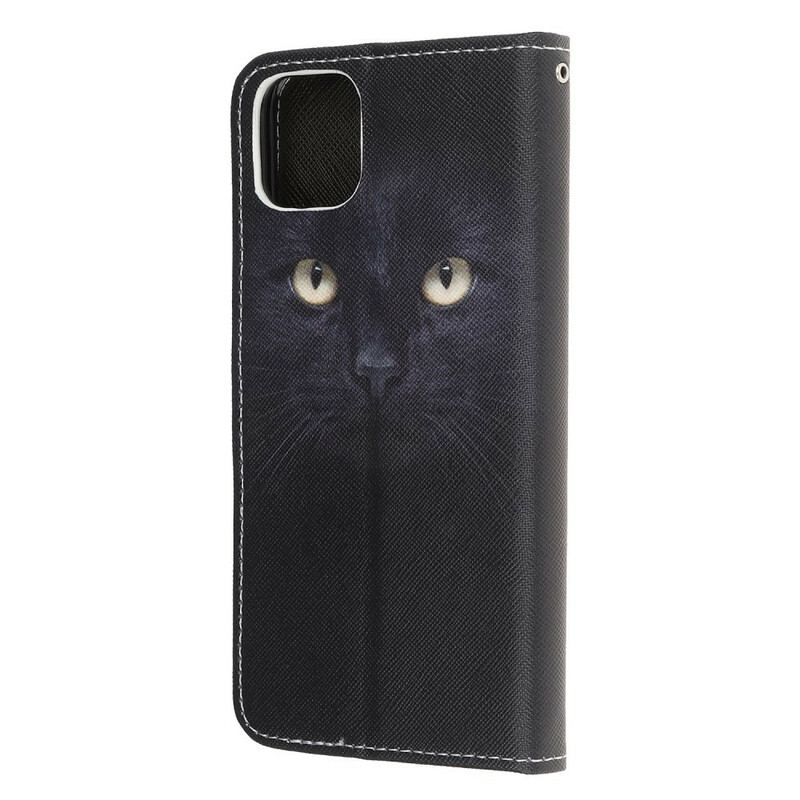 Capa De Couro Para iPhone 13 Mini De Cordão Olhos De Gato Preto Com Tiras