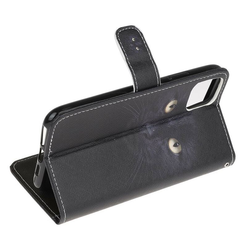 Capa De Couro Para iPhone 13 Mini De Cordão Olhos De Gato Preto Com Tiras