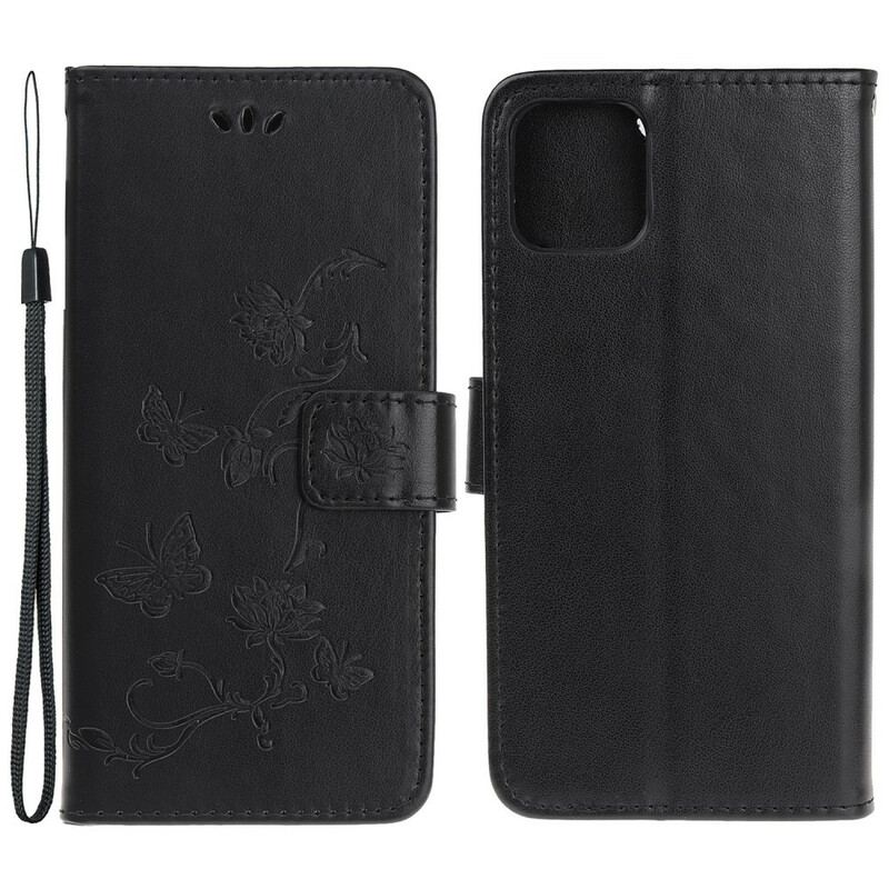 Capa De Couro Para iPhone 13 Mini De Cordão Pulseira Borboletas E Flores