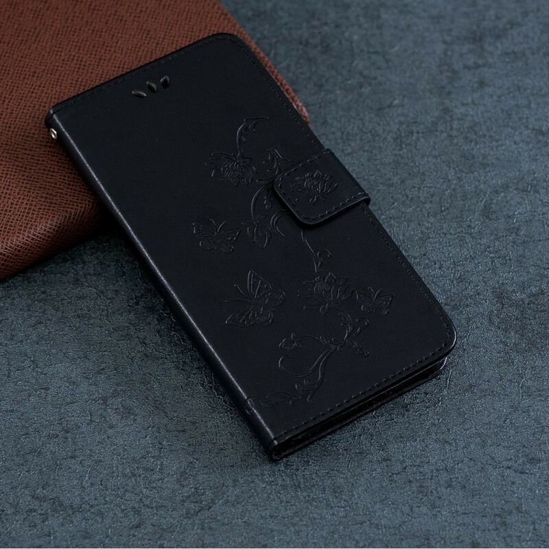 Capa De Couro Para iPhone 13 Mini De Cordão Pulseira Borboletas E Flores