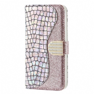 Capa De Couro Para iPhone 13 Mini Diamantes De Crocodilo