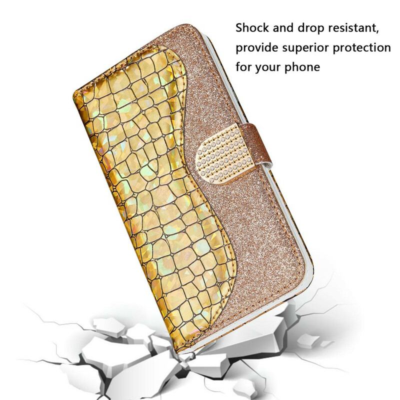 Capa De Couro Para iPhone 13 Mini Diamantes De Crocodilo