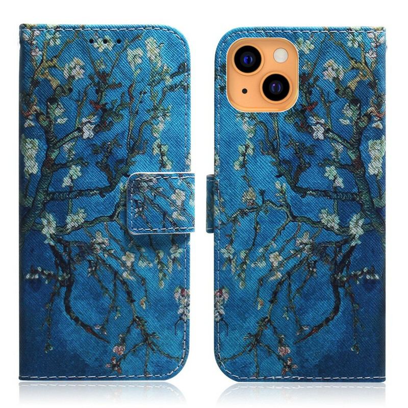 Capa De Couro Para iPhone 13 Mini Ramo De Árvore Florido