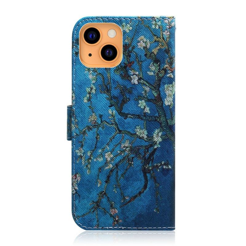 Capa De Couro Para iPhone 13 Mini Ramo De Árvore Florido