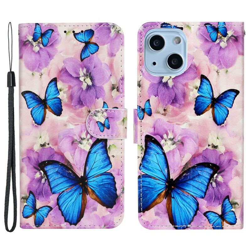 Capa Em Pele Para iPhone 13 Mini Borboletas Azuis Em Flores