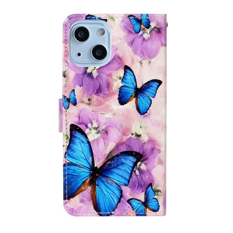 Capa Em Pele Para iPhone 13 Mini Borboletas Azuis Em Flores