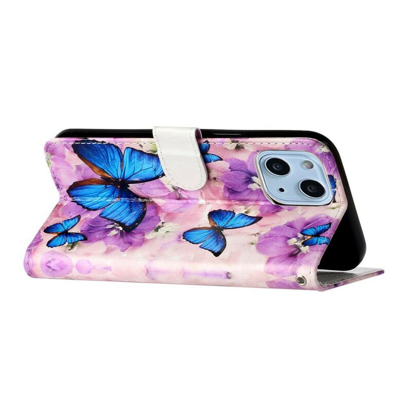 Capa Em Pele Para iPhone 13 Mini Borboletas Azuis Em Flores