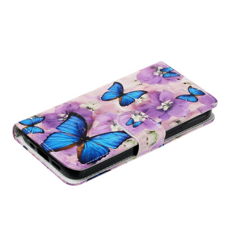 Capa Em Pele Para iPhone 13 Mini Borboletas Azuis Em Flores