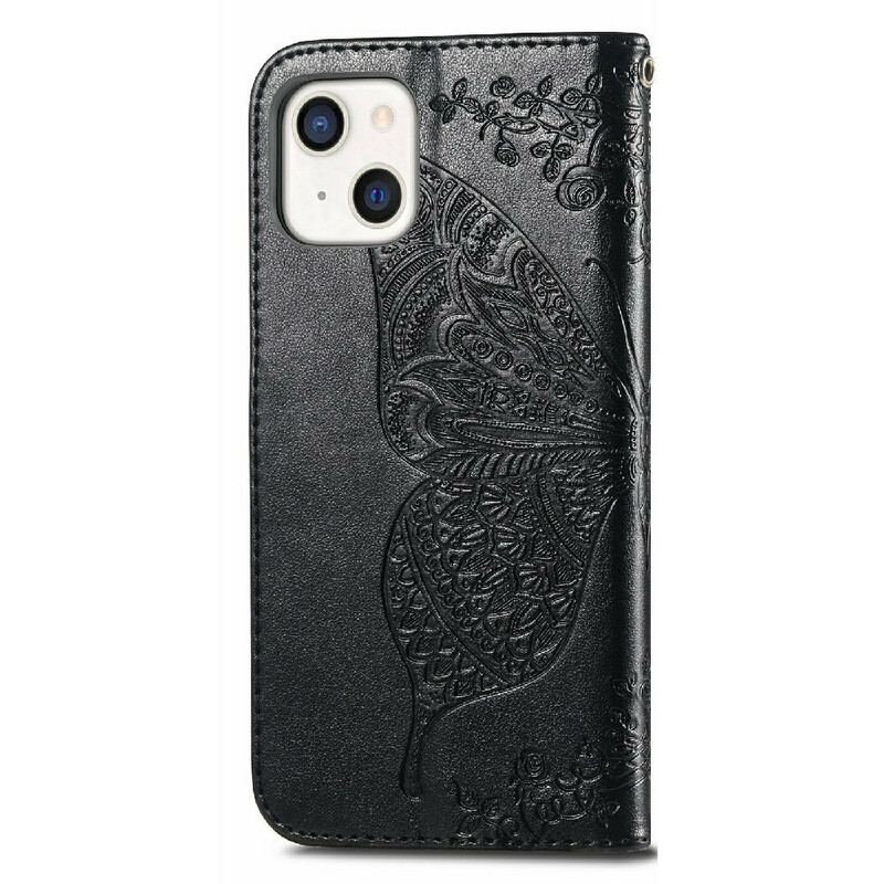 Capa Em Pele Para iPhone 13 Mini Meia Borboleta