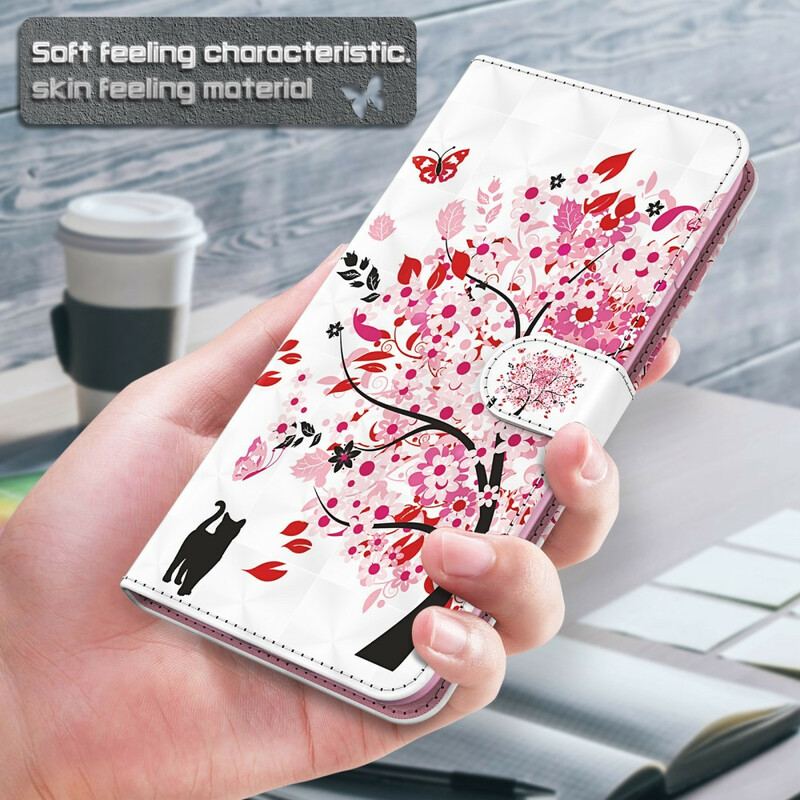 Capa Flip Para iPhone 13 Mini Árvore Rosa E Gato Preto