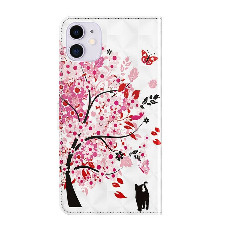 Capa Flip Para iPhone 13 Mini Árvore Rosa E Gato Preto