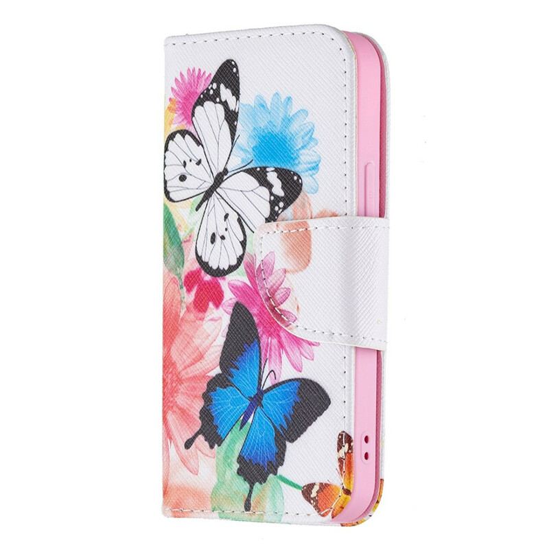 Capa Flip Para iPhone 13 Mini Borboletas E Flores Pintadas