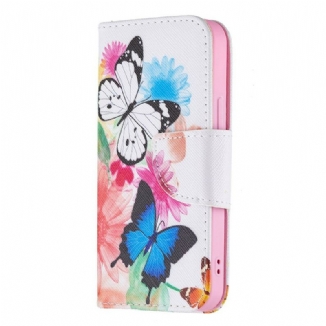 Capa Flip Para iPhone 13 Mini Borboletas E Flores Pintadas