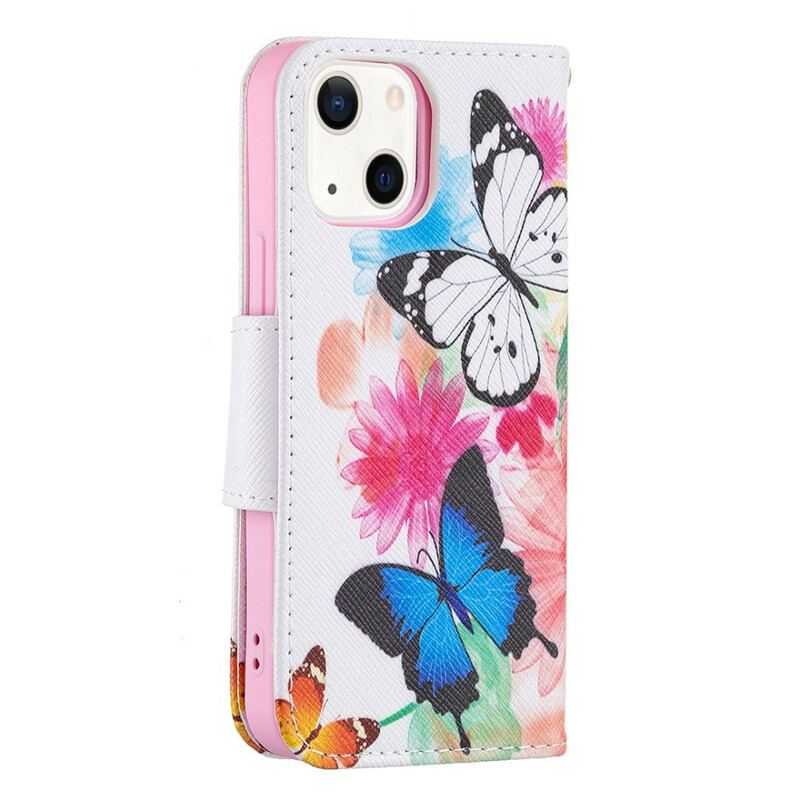 Capa Flip Para iPhone 13 Mini Borboletas E Flores Pintadas