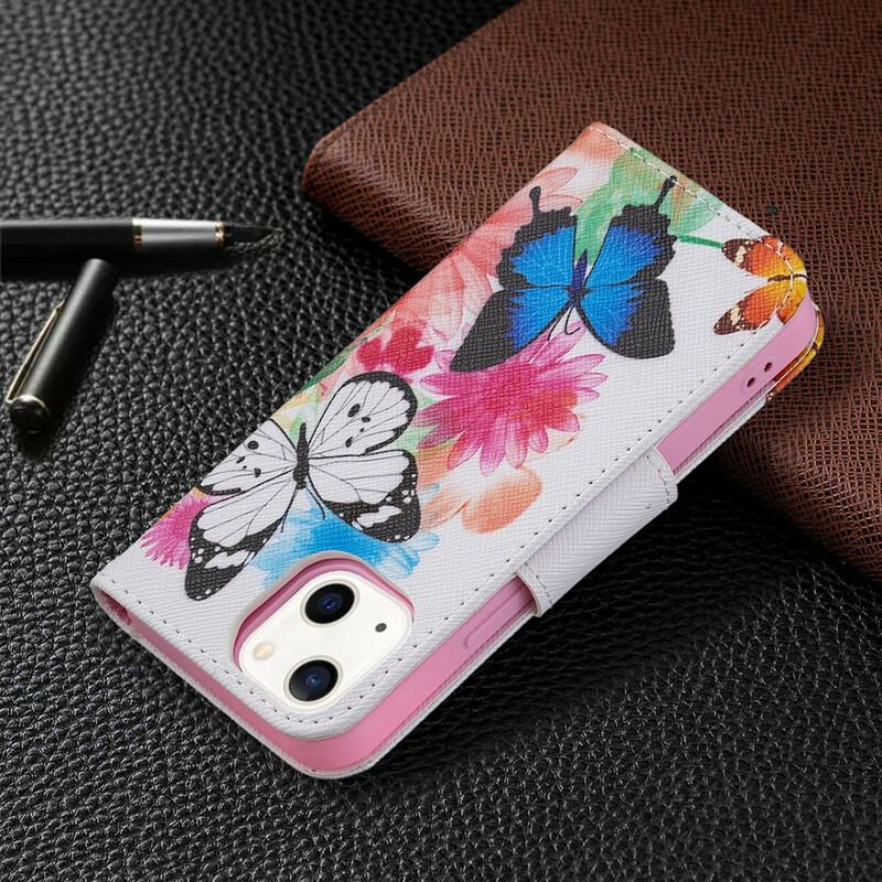 Capa Flip Para iPhone 13 Mini Borboletas E Flores Pintadas