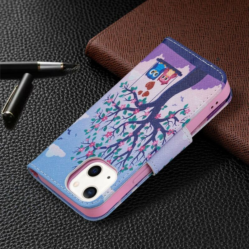 Capa Flip Para iPhone 13 Mini Corujas No Balanço