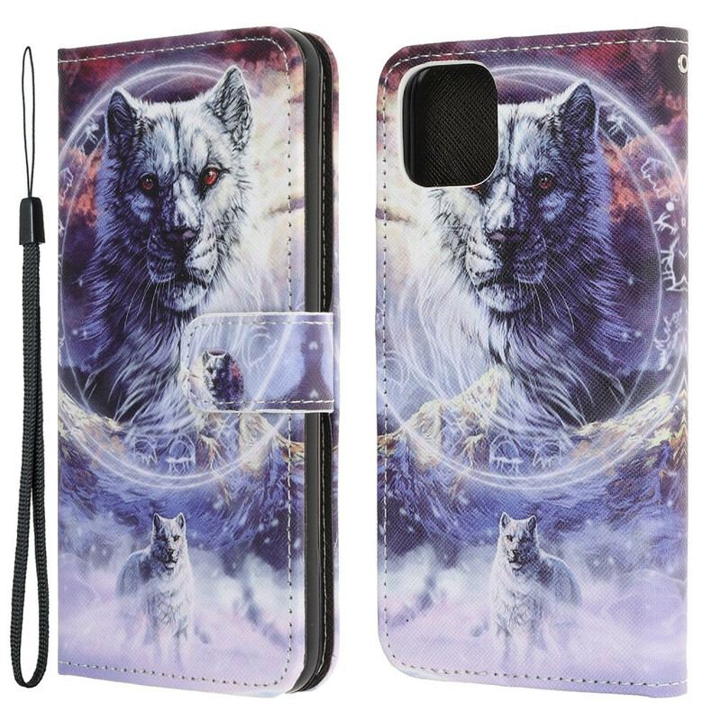 Capa Flip Para iPhone 13 Mini Lobo No Inverno Com Cordão