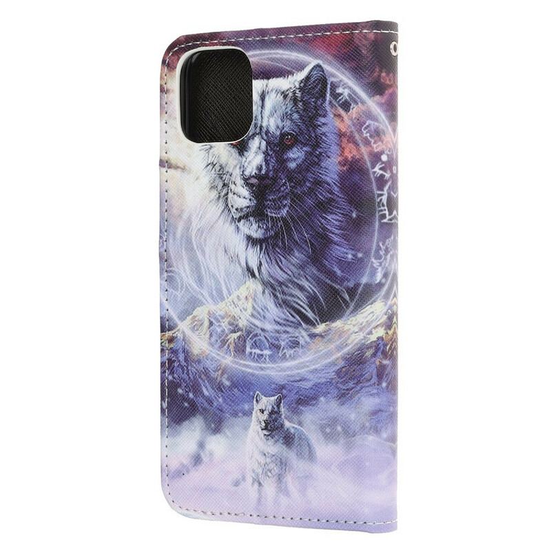 Capa Flip Para iPhone 13 Mini Lobo No Inverno Com Cordão